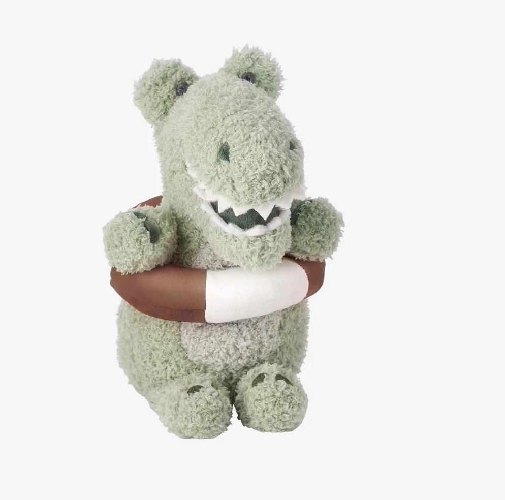 Alligator with Floatie plush toy holding a removable life preserver rattle for baby play and exploration.