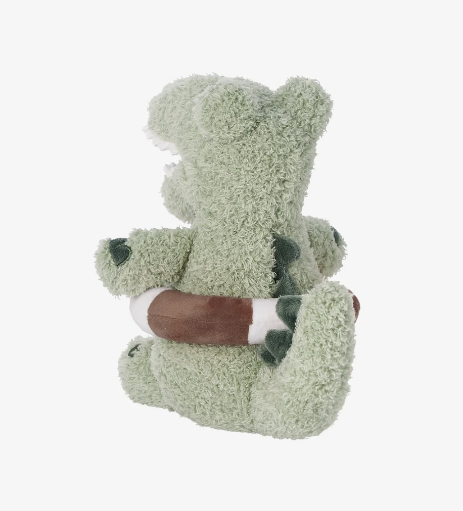 Soft green Alligator with Floatie plush toy shown from the back with a detachable safety preserver ring rattle.