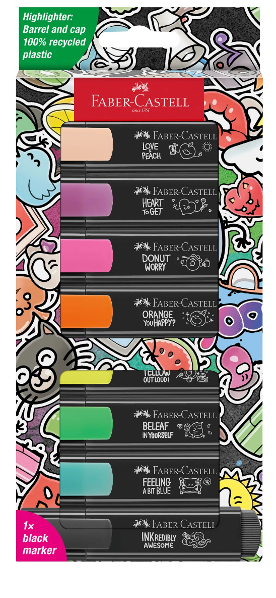 Graffiti Neon Highlighters set of 8 vibrant colors with black recycled plastic barrels and chisel tip for versatile use.