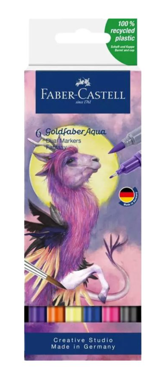 Goldfaber Dual Ended Aqua Markers | Fantasy set of 6 with brush and fineliner tips in vibrant watercolor shades.