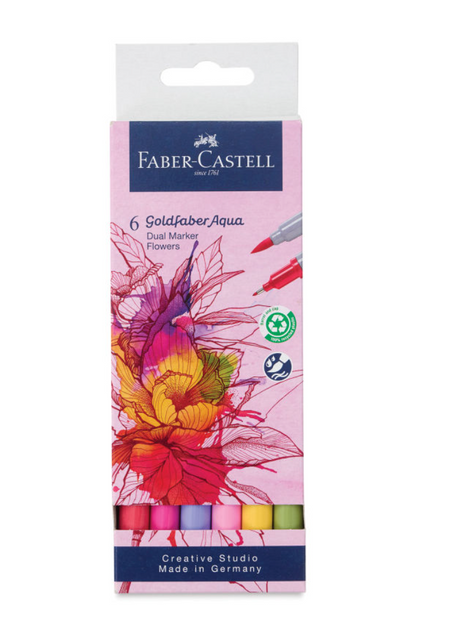 Goldfaber Dual Ended Aqua Markers | Flowers set of 6 vibrant, water-soluble markers in eco-friendly packaging.