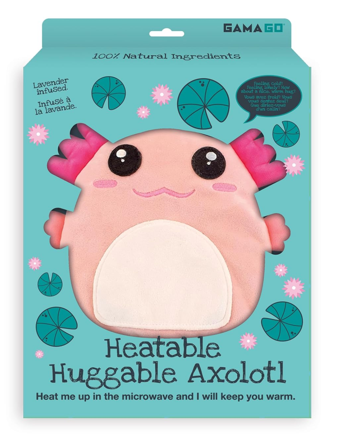 Heatable Huggable Axolotl microwavable heat pack with lavender scent for soothing cramps and aches.