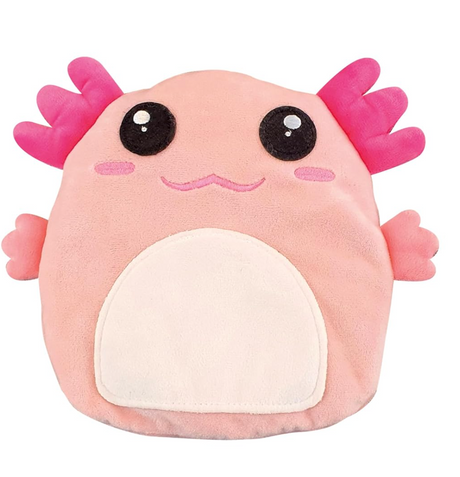 Heatable Huggable Axolotl plush heat pack with soft pink fabric and cute smiling face for cozy warmth and comfort.