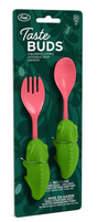 Taste Buds Utensil Set with green chameleon handles, pink fork and spoon for children aged 3 and up.