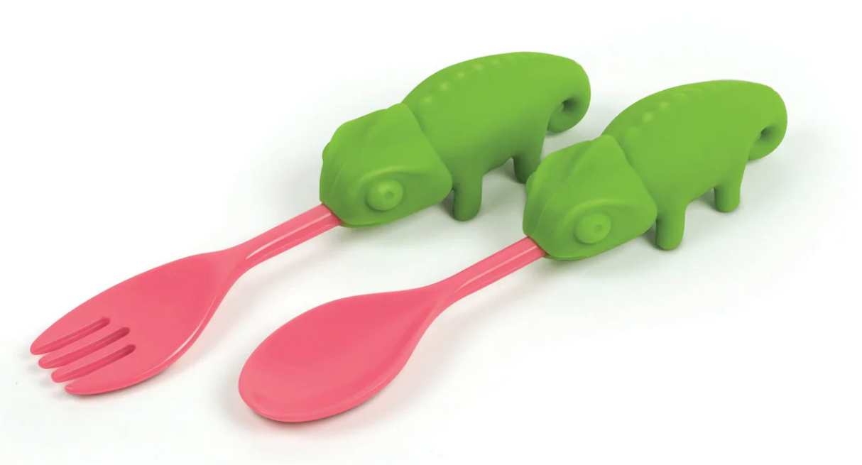 Taste Buds Utensil Set with green chameleon handles, pink silicone spoon and fork, child-friendly BPA-free design.