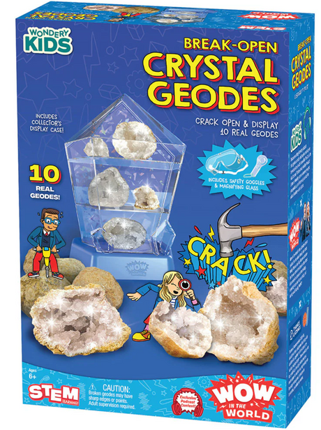 Break Open Crystal Geodes kit with 10 real geodes, display case, hammer, safety goggles, and magnifying glass.