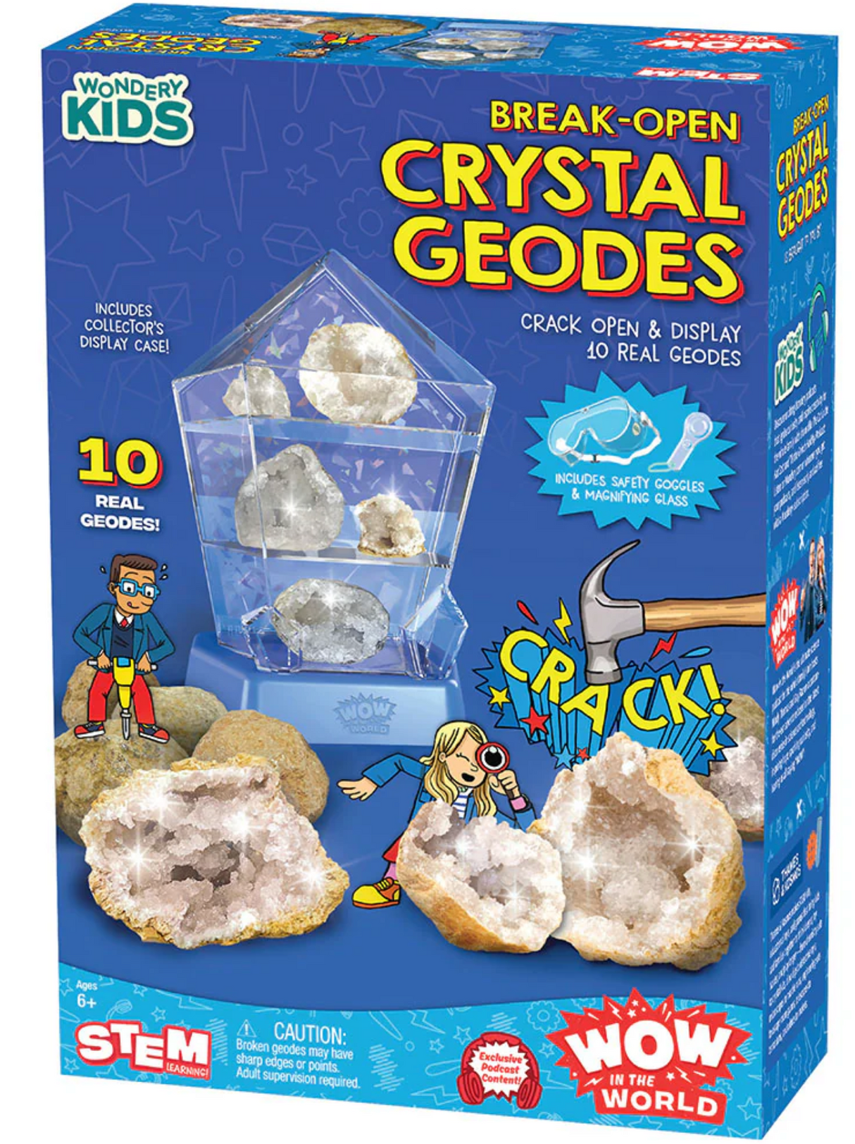 Break Open Crystal Geodes kit with 10 real geodes, display case, hammer, safety goggles, and magnifying glass.