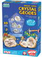 Break Open Crystal Geodes kit with 10 real geodes, display case, hammer, safety goggles, and magnifying glass.