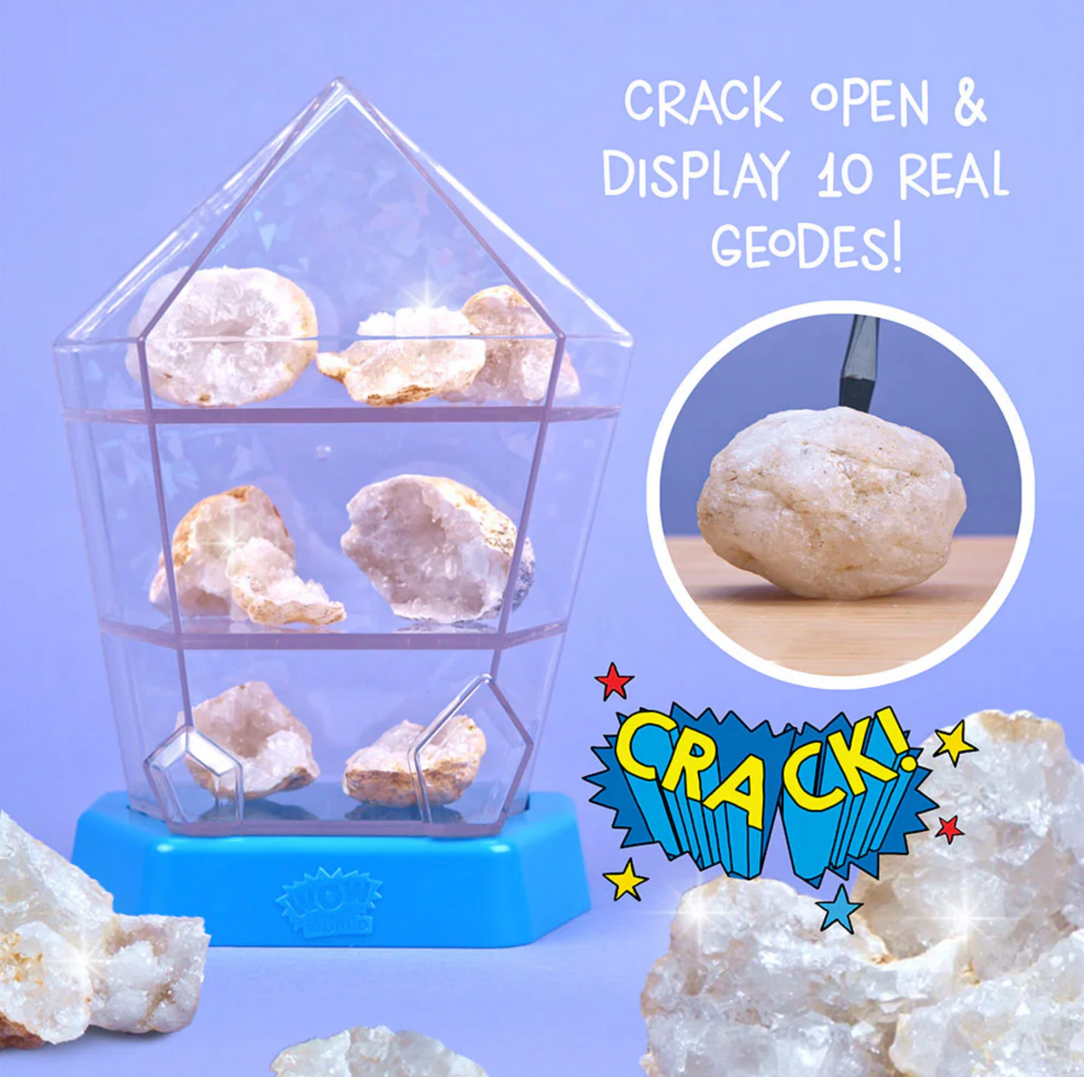 Break Open Crystal Geodes kit with real geodes displayed in iridescent case and hammer for cracking crystals inside.