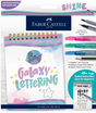 Galaxy Lettering Kit with spiral-bound activity book and art crayons for learning galactic brush lettering and calligraphy basics.