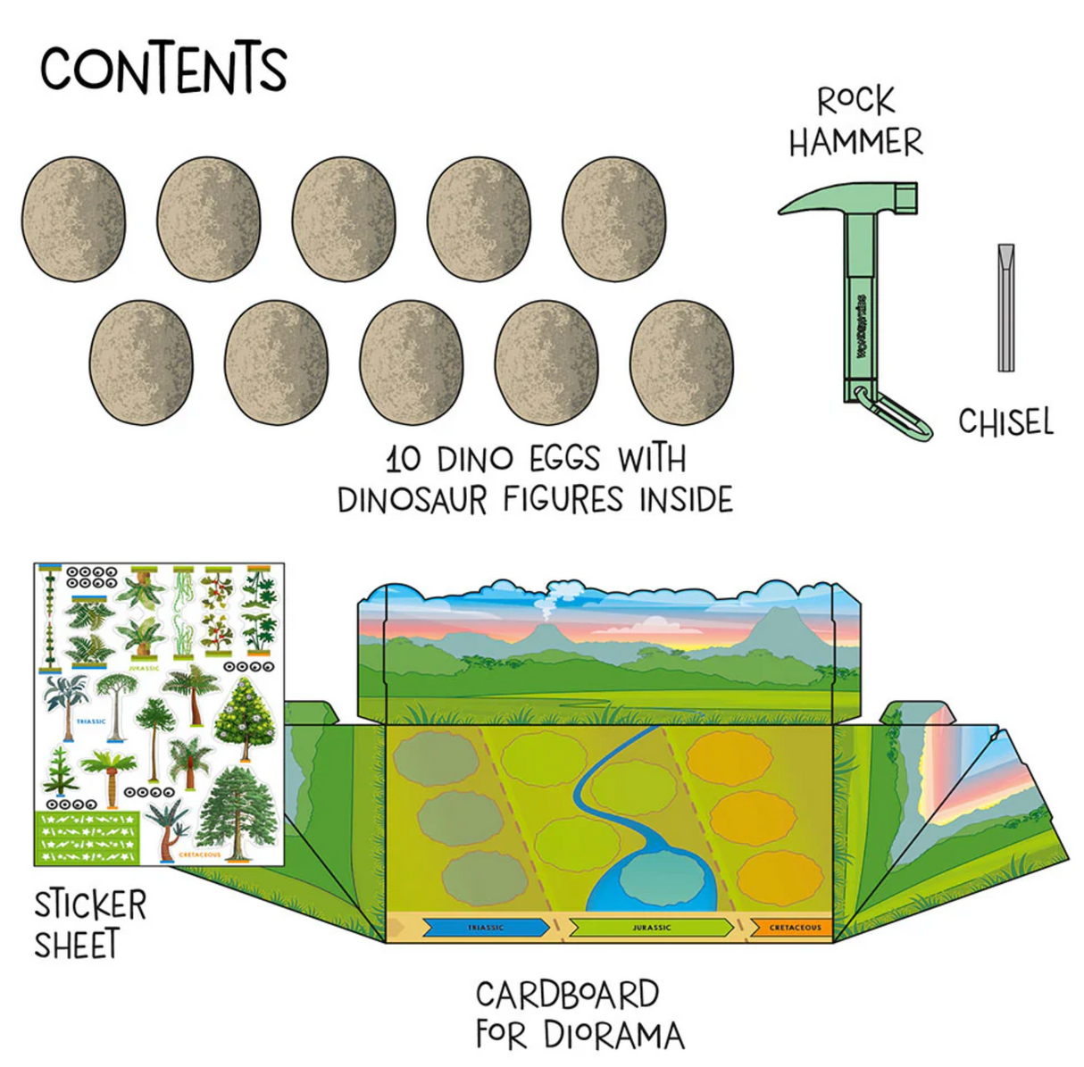 Dino Dig & Diorama kit with 10 dino eggs, rock hammer, chisel, sticker sheet, and cardboard diorama for excavation play.