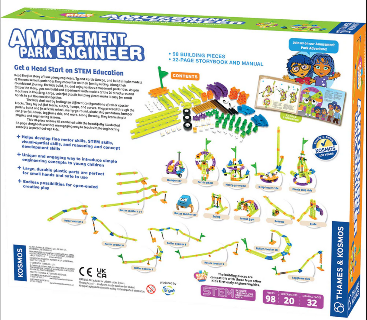 Amusement Park Engineer STEM kit with 98 building pieces and 32-page storybook for kids 3+ learning engineering concepts.