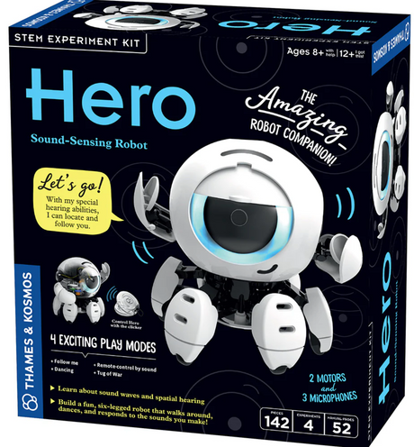 Hero Sound Sensing Robot STEM kit box showing the six-legged robot with movable arms and illuminated eye.