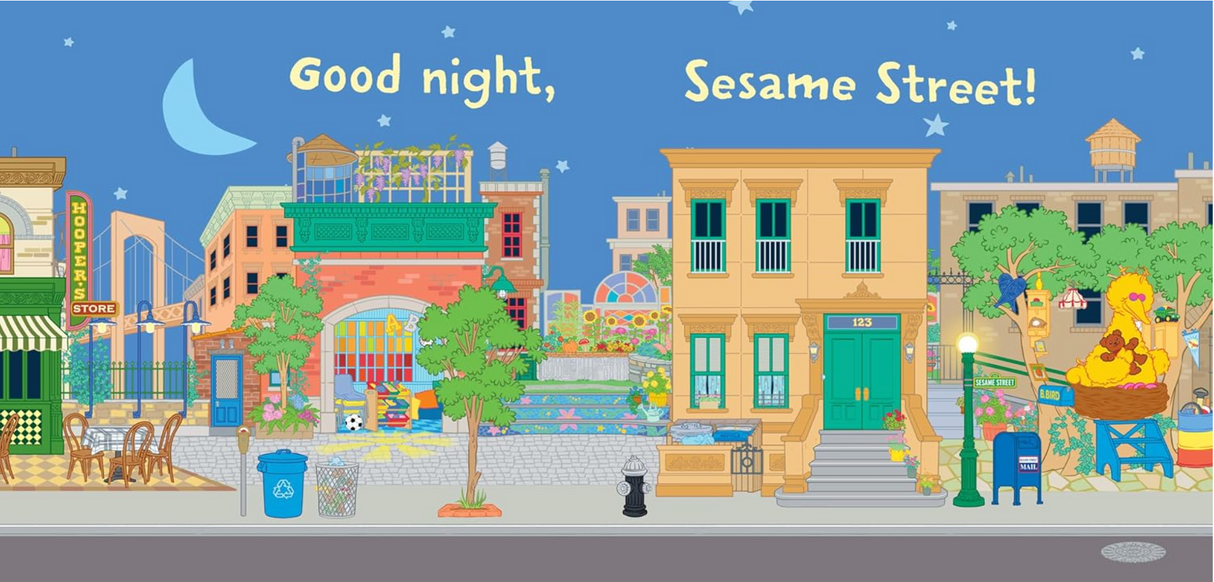 Indestructibles Sesame Street Time for Bed features a colorful Sesame Street neighborhood at night saying good night.