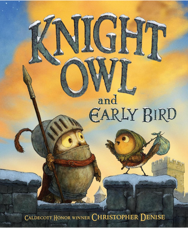 Cover of Knight Owl and the Early Bird showing a knight owl and a small bird on a castle wall at sunset.