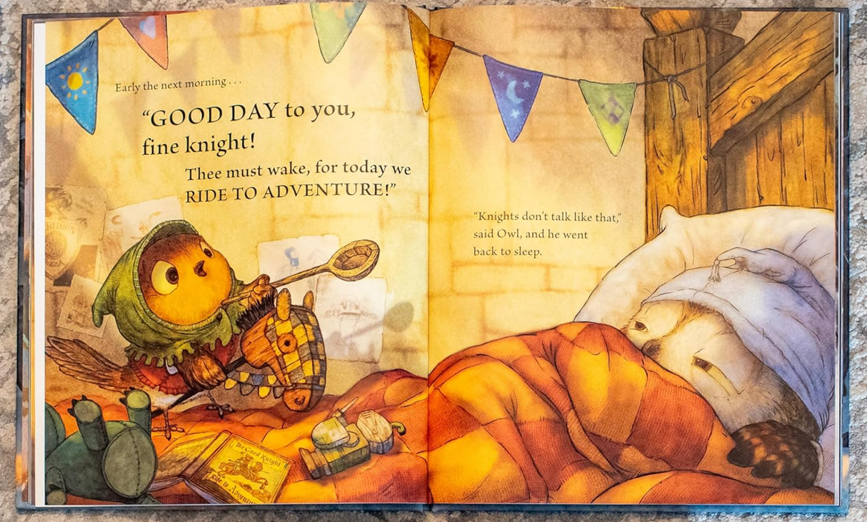 Knight Owl and the Early Bird illustration of Early cheering a sleeping Knight Owl readying for a medieval adventure.