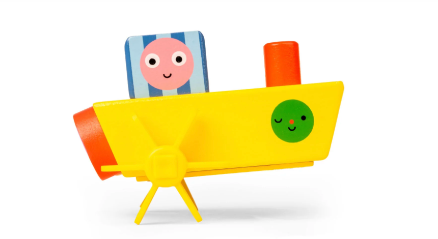 Kidoki Windup Boat yellow wooden bath toy with pull string and friendly face, perfect for age 3+ water play.