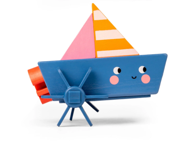 Kidoki Windup Boat wooden pull string bath toy with smiling face and colorful sail for children age 3 and up.