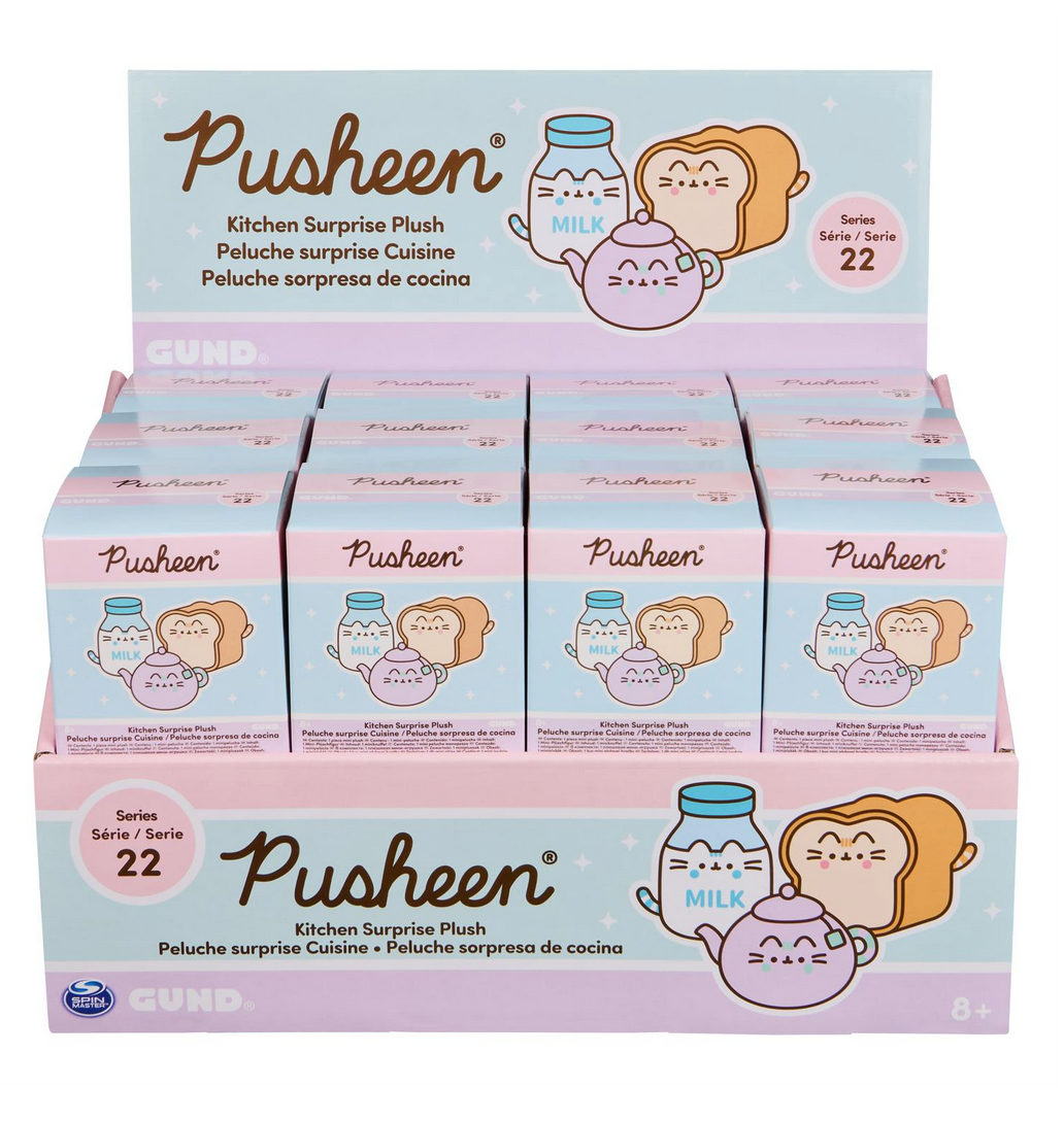 Pusheen Kitchen Surprise Blind Box display with milk, bread, and cat illustrations, series 22 collectible plush toys.