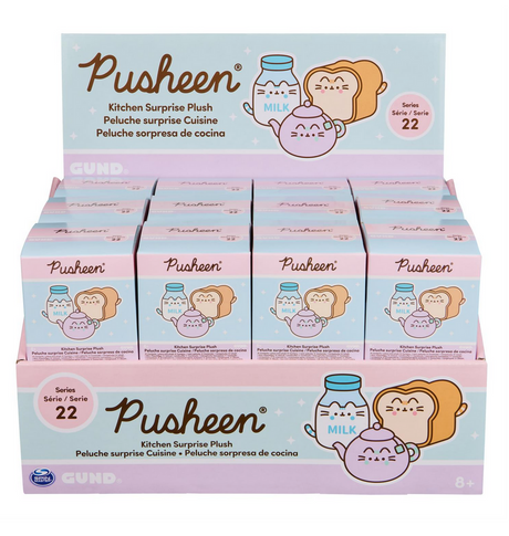 Pusheen Kitchen Surprise Blind Box display with milk, bread, and cat illustrations, series 22 collectible plush toys.