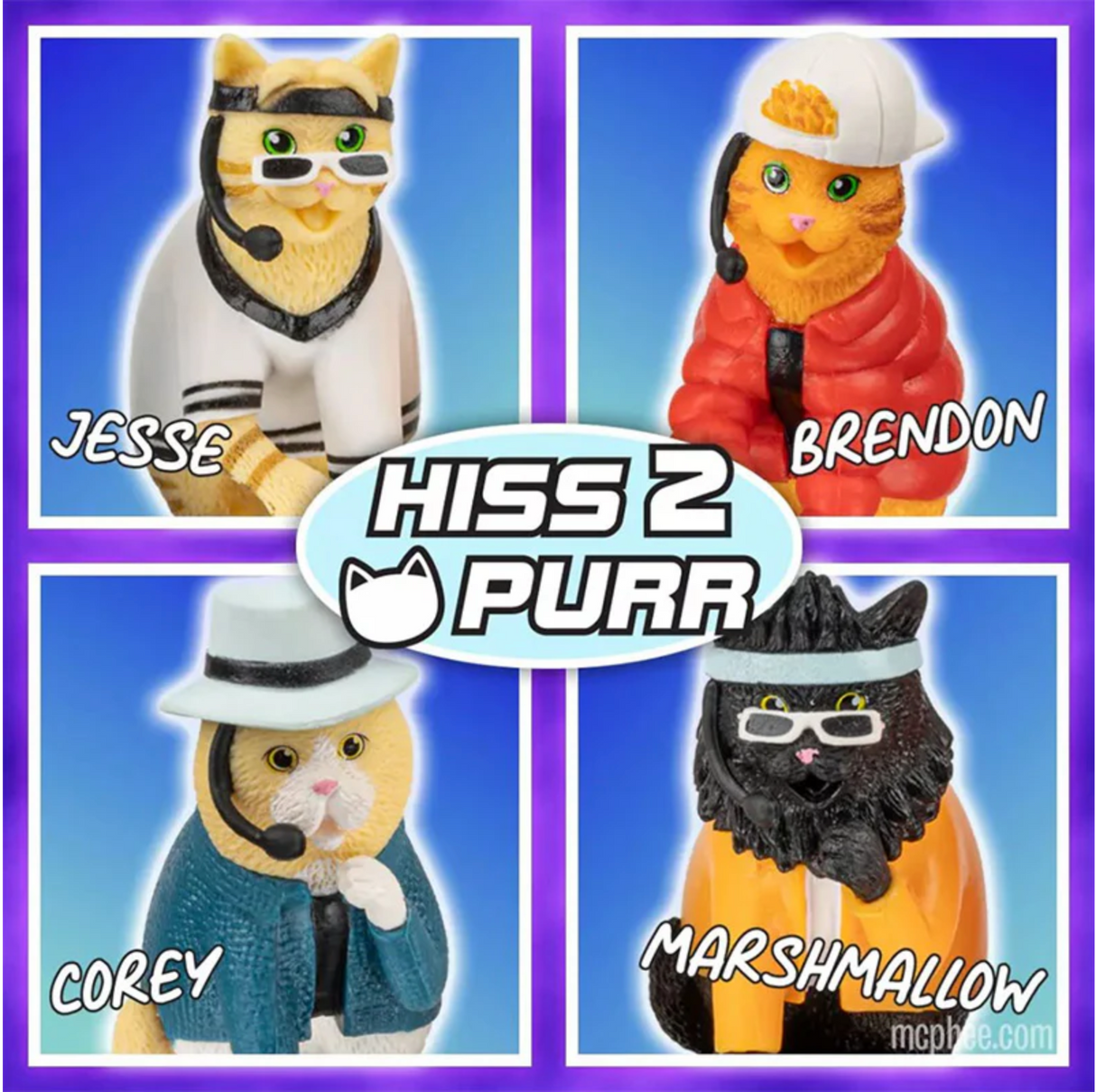 Boy Band Cats set featuring four soft vinyl cat figures dressed as 1990s pop group members with headsets.
