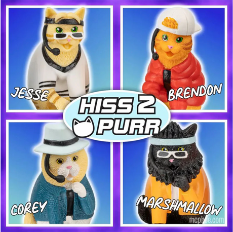 Boy Band Cats set featuring four soft vinyl cat figures dressed as 1990s pop group members with headsets.