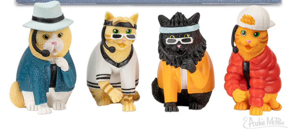 Boy Band Cats set of four sassy vinyl cat figures dressed as 90s pop group members, 2 to 2¼ inches tall.