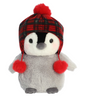 Plush penguin wearing red plaid hat with pom-poms, soft and huggable, Penguin Chillin Chick Chucky.