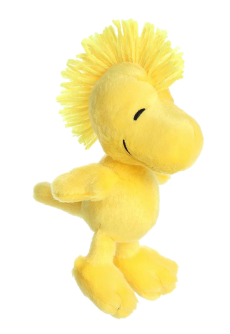 Woodstock Floppy Legs plush with soft yellow fur and stitched smiling face, perfect for cuddles and Peanuts fans.