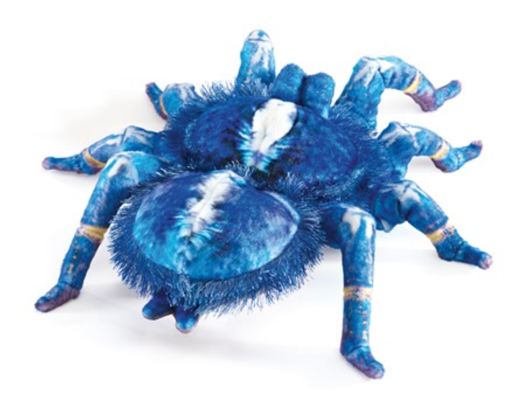 Blue Tarantula Spider Puppet with realistic indigo velboa plush and hairy pine needle fringe for playful fun.