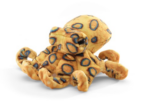 Blue Ringed Octopus Finger Puppet in golden with blue ringlet patterns, soft and perfect for creative play.