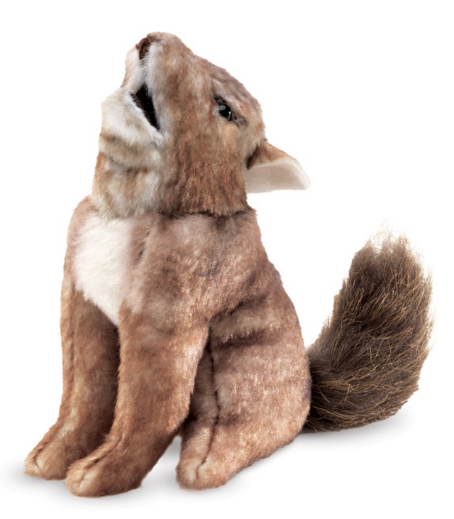 Coyote Finger Puppet plush toy showing a howling coyote with realistic fur and bushy tail for imaginative play.