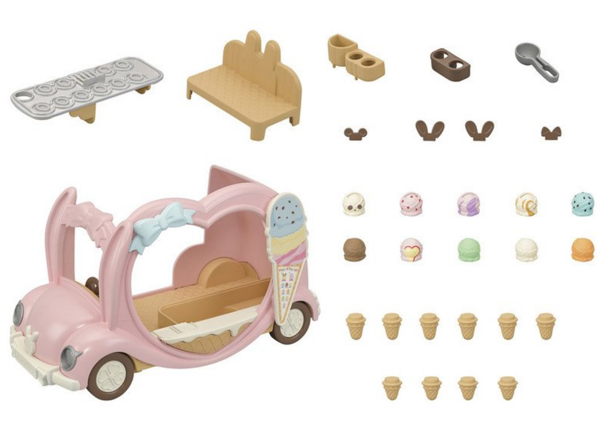 Pink Ice Cream Van toy set with rotating wheels, ice cream scoops, cones, and accessories for imaginative play.