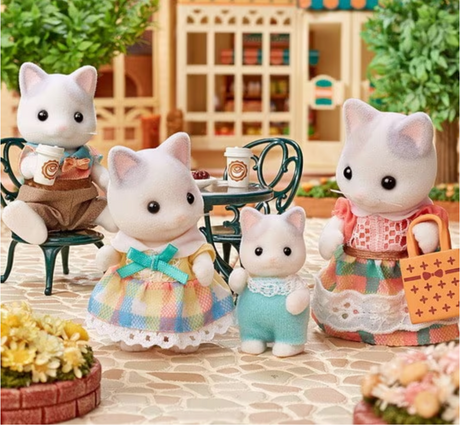 Latte Cat Family set with father, mother, girl, baby cats in colorful checkered outfits and accessories outdoors.