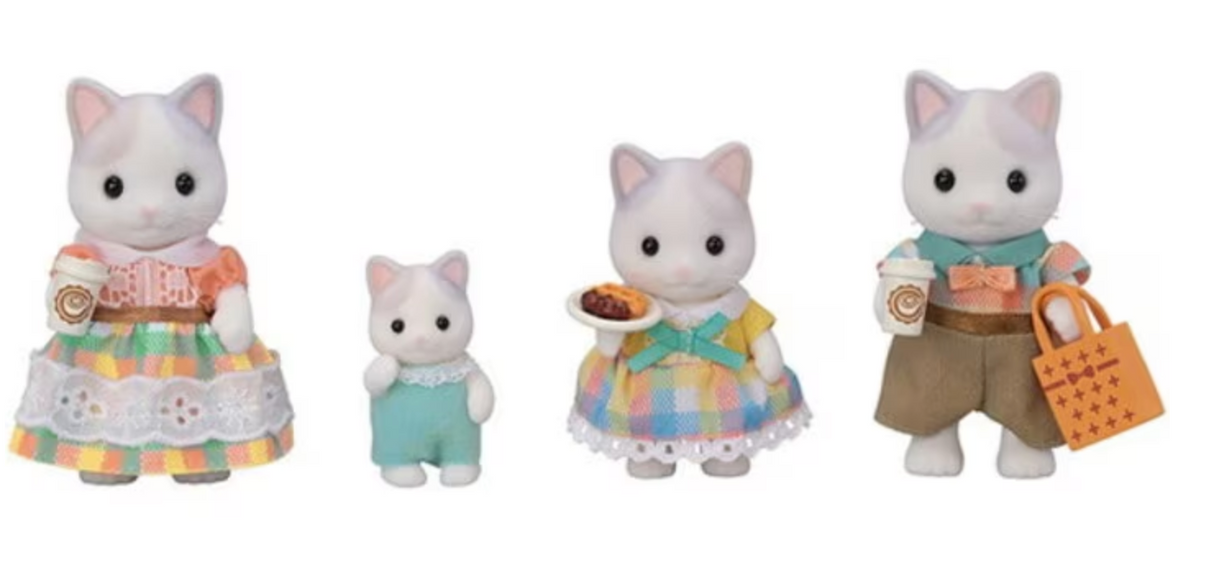 Latte Cat Family set with father, mother, girl, baby cats holding drinks, waffle, and shopping bag in soft colors.