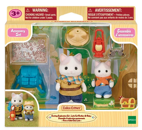 Exciting Exploration Set with two Latte Cats in hiking outfits, map, lantern, binoculars, backpack, and hat for pretend play.