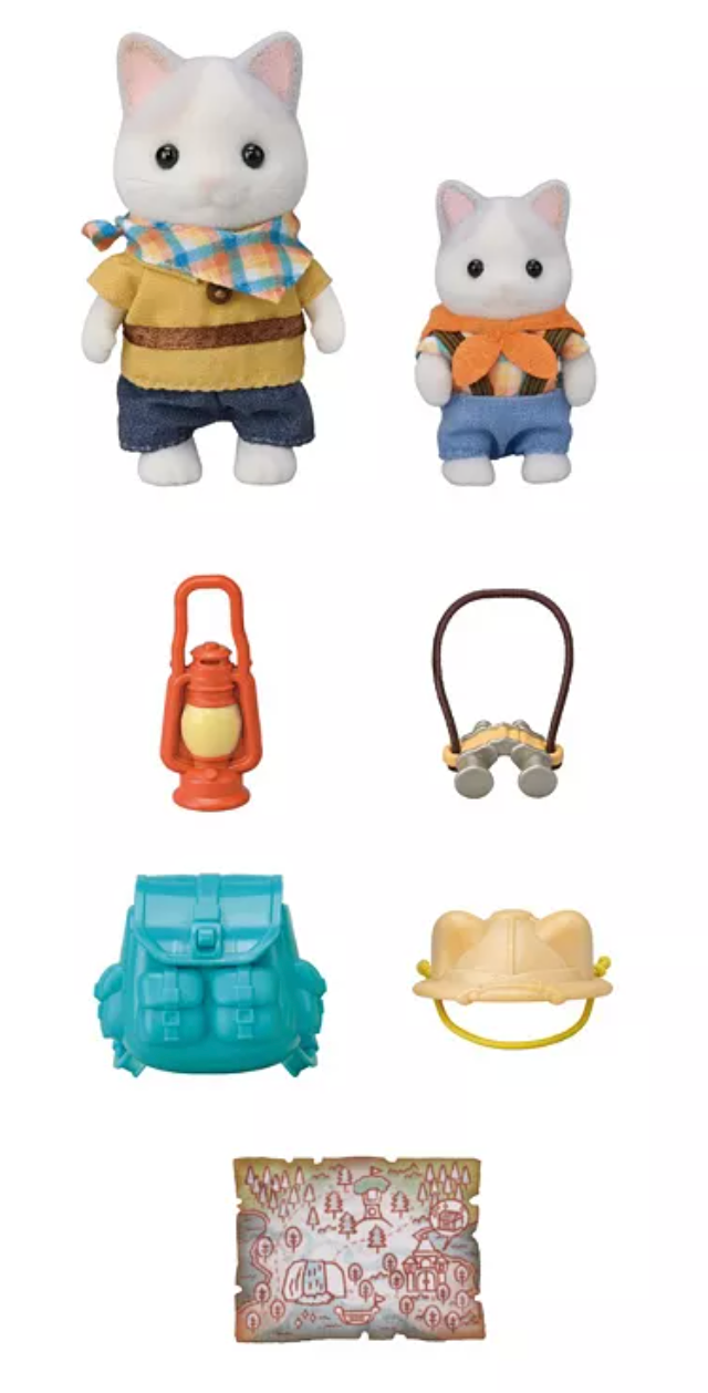 Exciting Exploration Set with two Latte Cats in hiking outfits and accessories including lantern, binoculars, backpack, hat, and map.