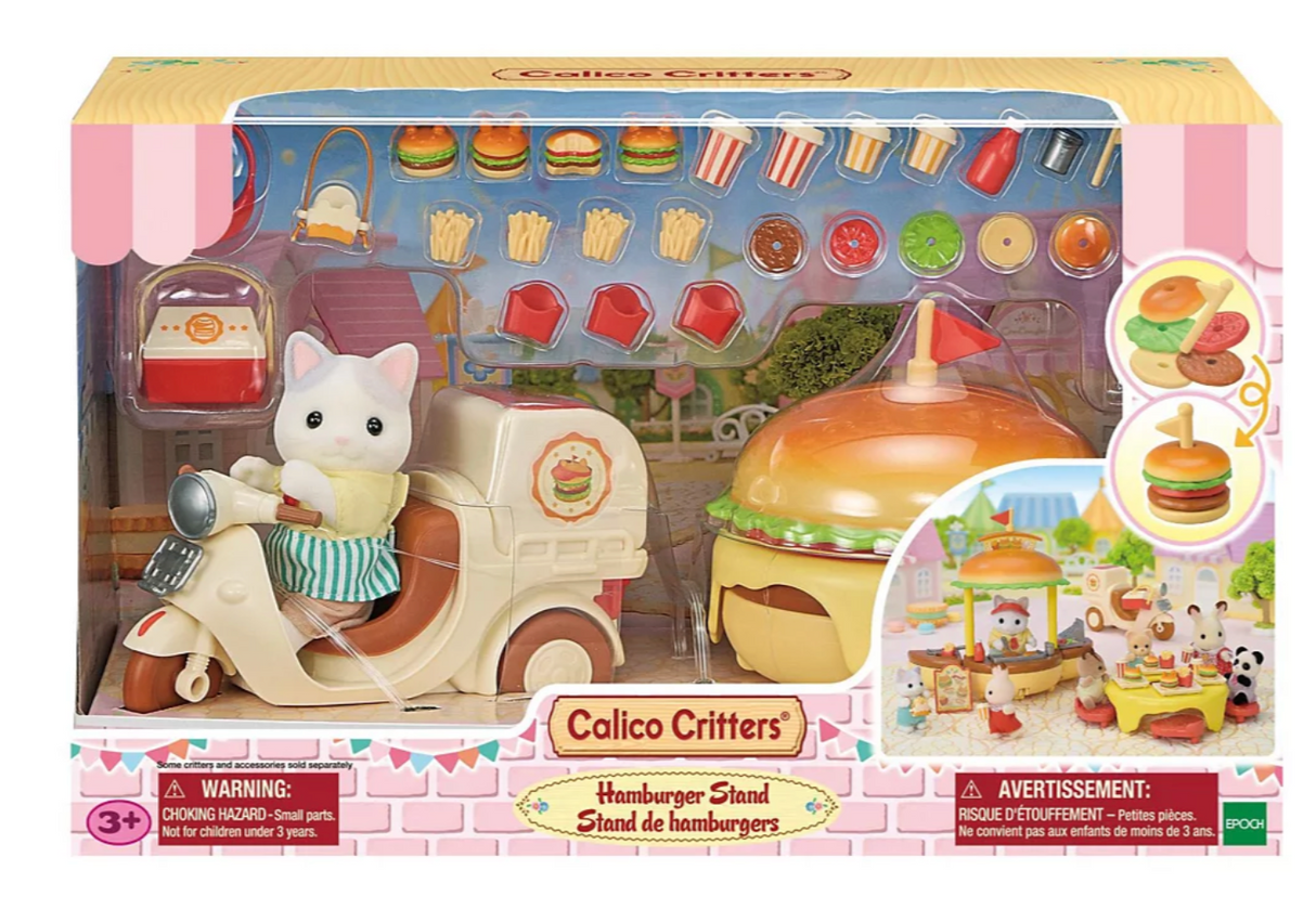 Hamburger Stand playset with doll, delivery bike, burger store, grill, fries, and over 30 accessories for interactive play.