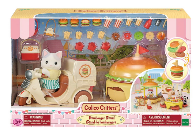 Hamburger Stand playset with doll, delivery bike, burger store, grill, fries, and over 30 accessories for interactive play.