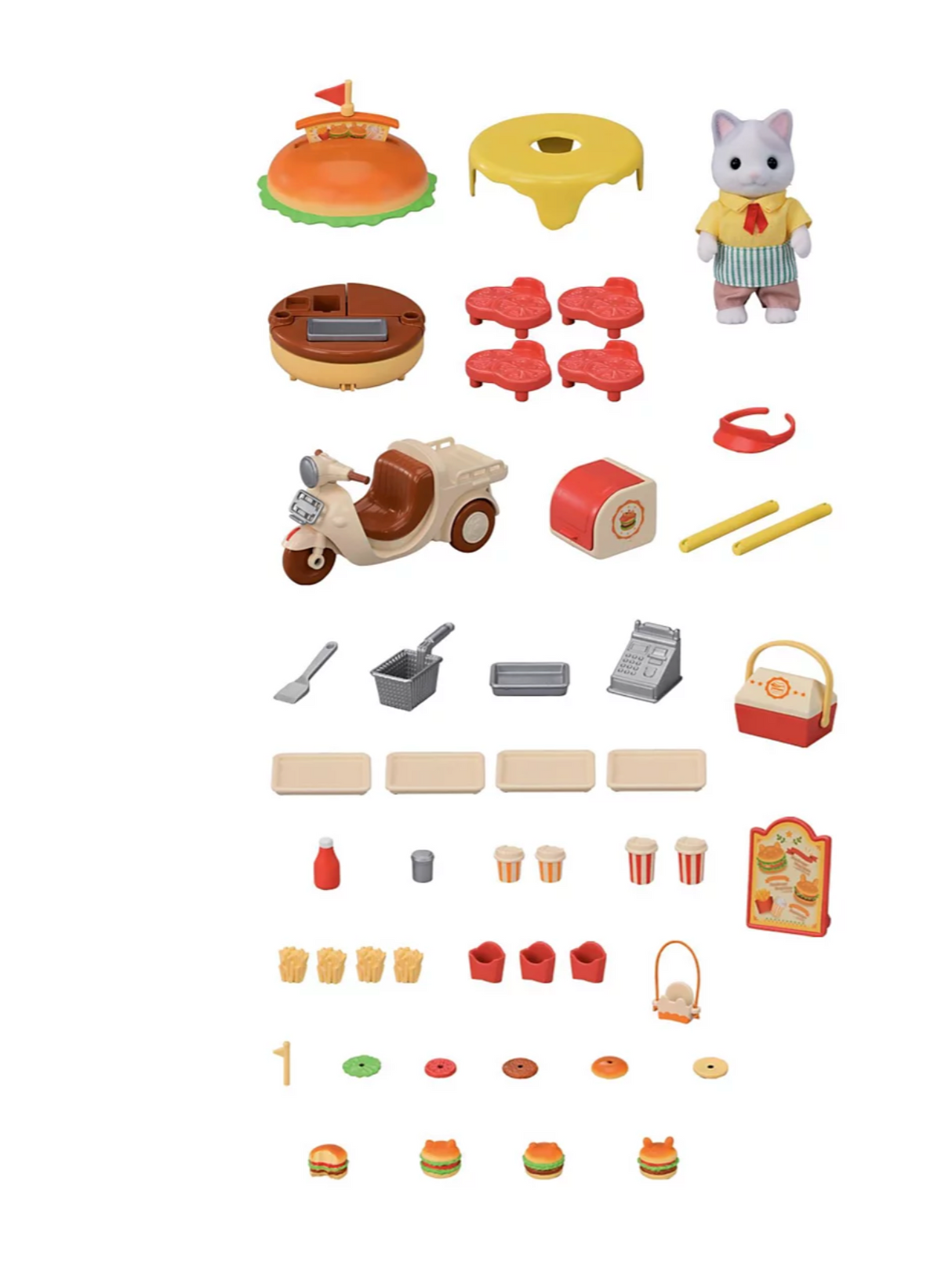 Hamburger Stand playset with store, delivery bike, doll, grill, fries, burgers, drinks, and 30+ accessories for kids 3+ years.