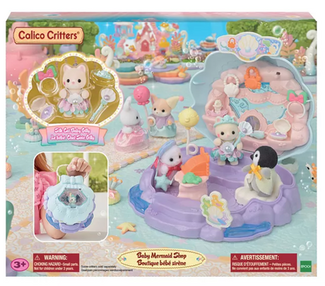 Baby Mermaid Shop with shell-shaped store, ocean accessories, and Silk Cat baby in mermaid costume for ages 3 and up.