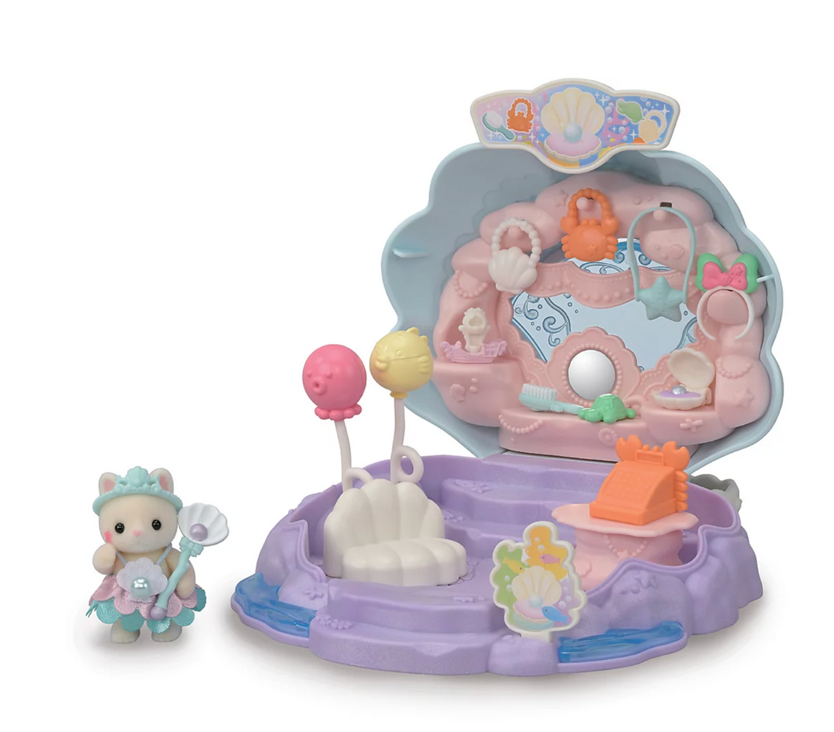 Baby Mermaid Shop with shell-shaped store, ocean accessories, and Silk Cat baby in mermaid costume holding balloons.