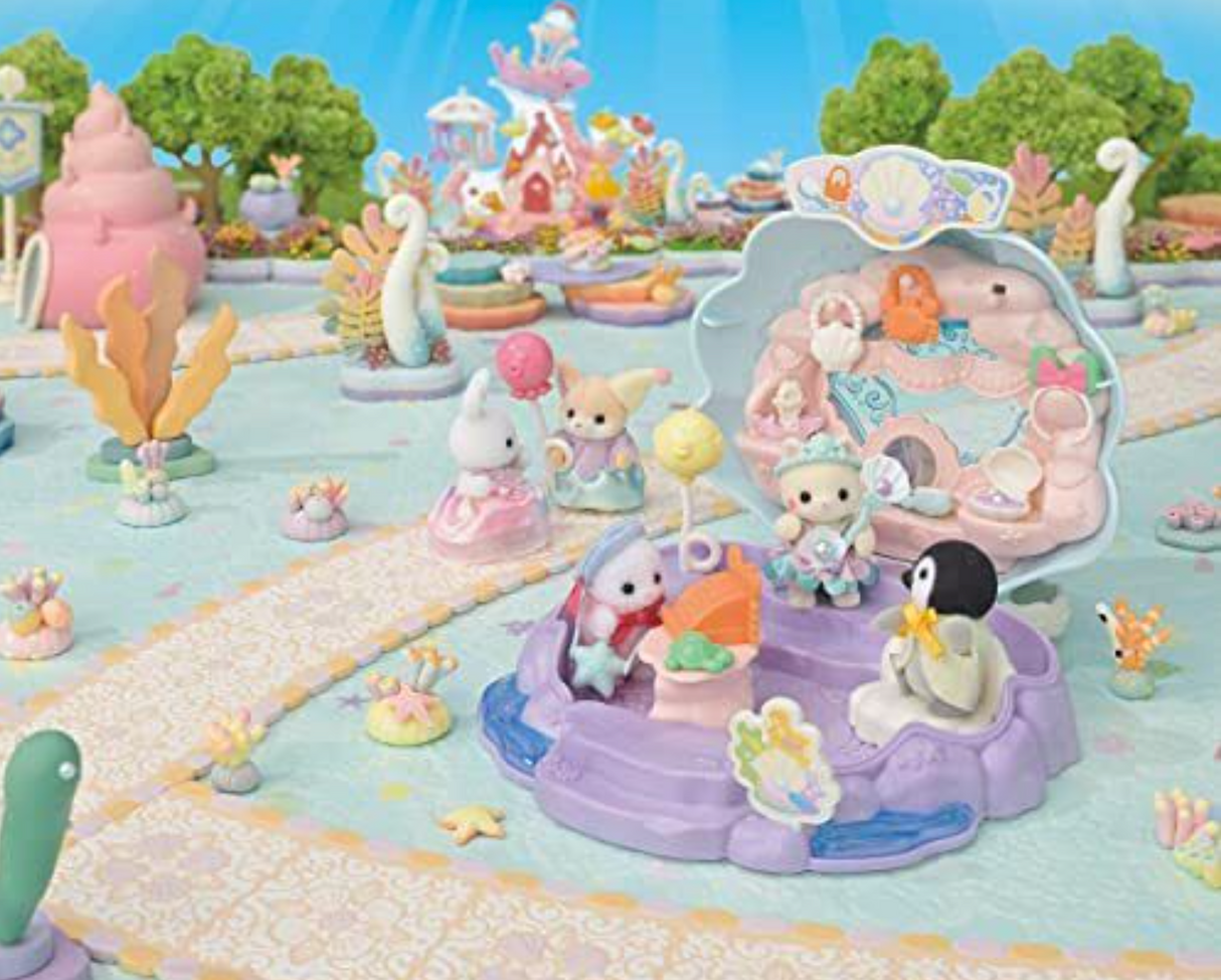 Baby Mermaid Shop featuring shell-shaped shop, ocean accessories, and Silk Cat baby in mermaid costume with balloons.