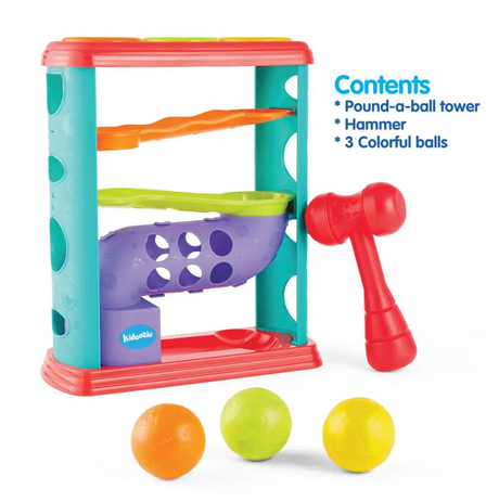 Pound A Ball Tower with hammer and three colorful balls for toddler hand-eye coordination and playtime fun.