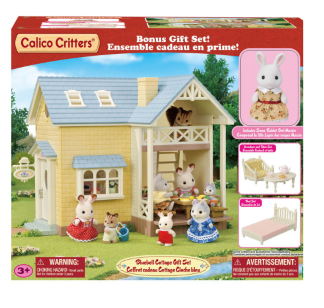 Bluebell Cottage Gift Set with fully assembled cottage, furniture, terrace, and Snow Rabbit figure for imaginative play.