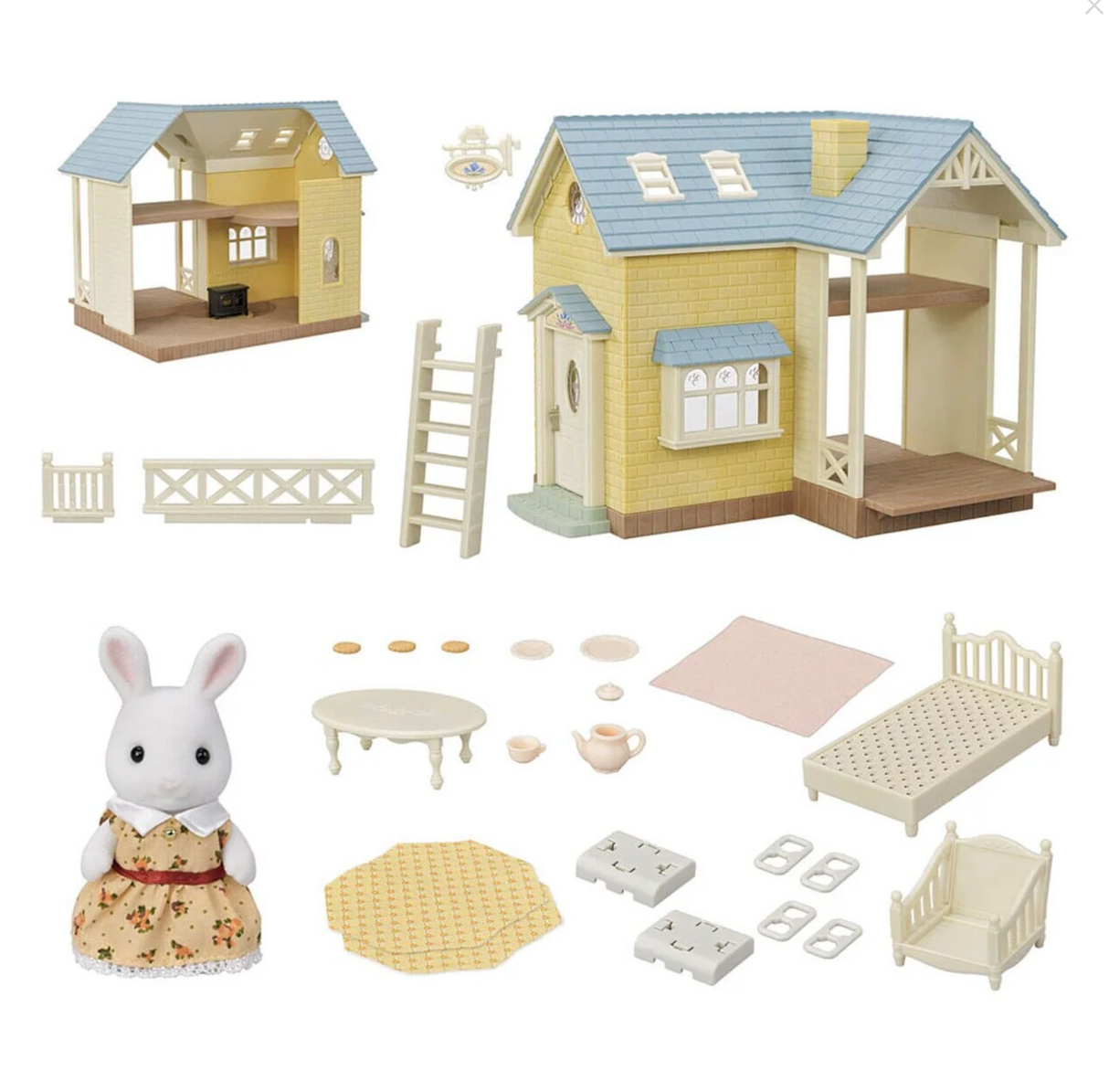 Bluebell Cottage Gift Set with fully assembled house, furniture pieces, and Snow Rabbit figure for imaginative play.