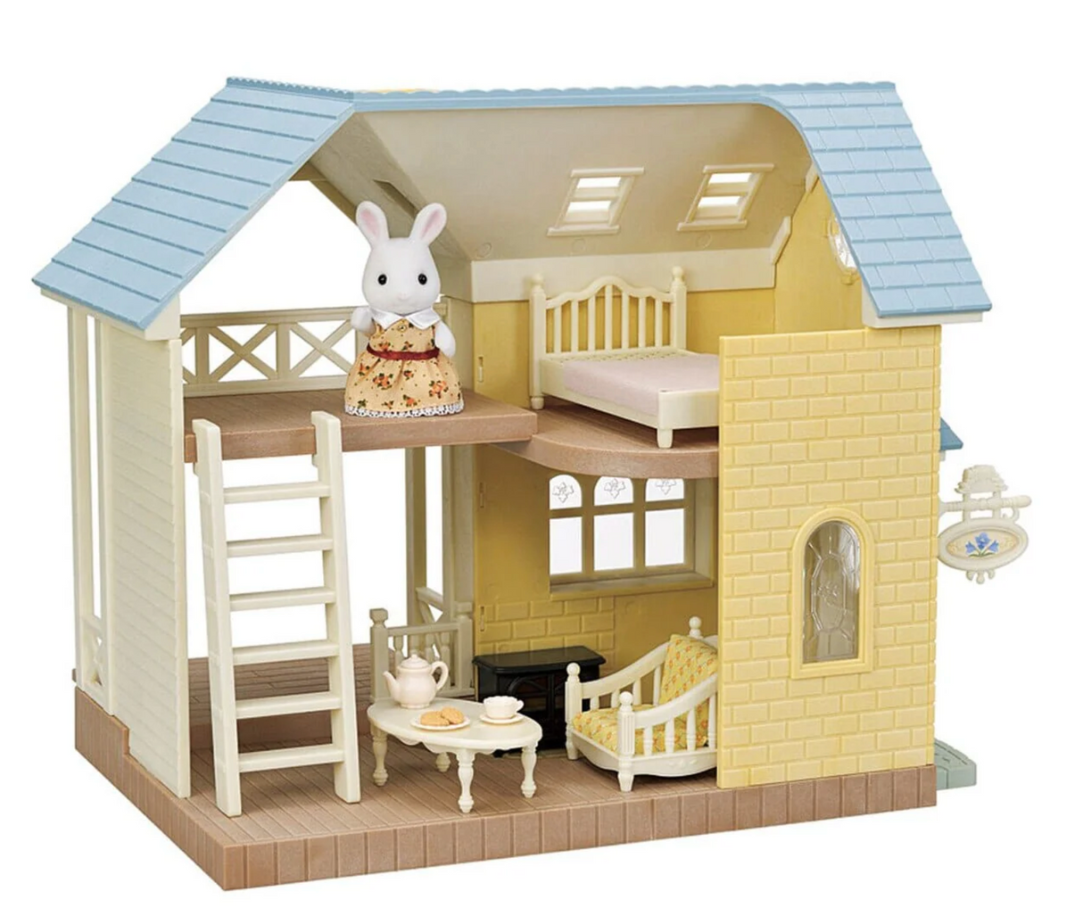 Bluebell Cottage Gift Set with open floor plan, terrace, furniture, and Snow Rabbit figure for imaginative play.