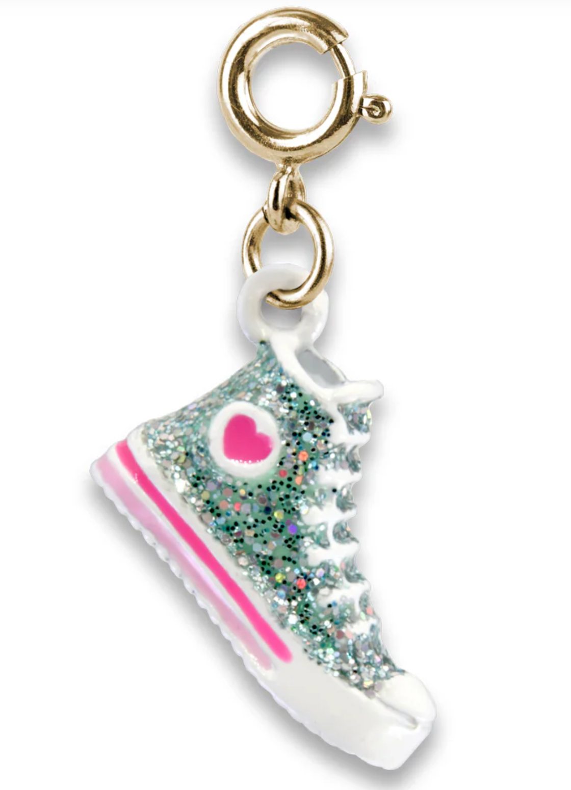 Gold Glitter High Top Sneaker Charm with pink heart detail and gold clasp, perfect sparkling sneaker accessory.