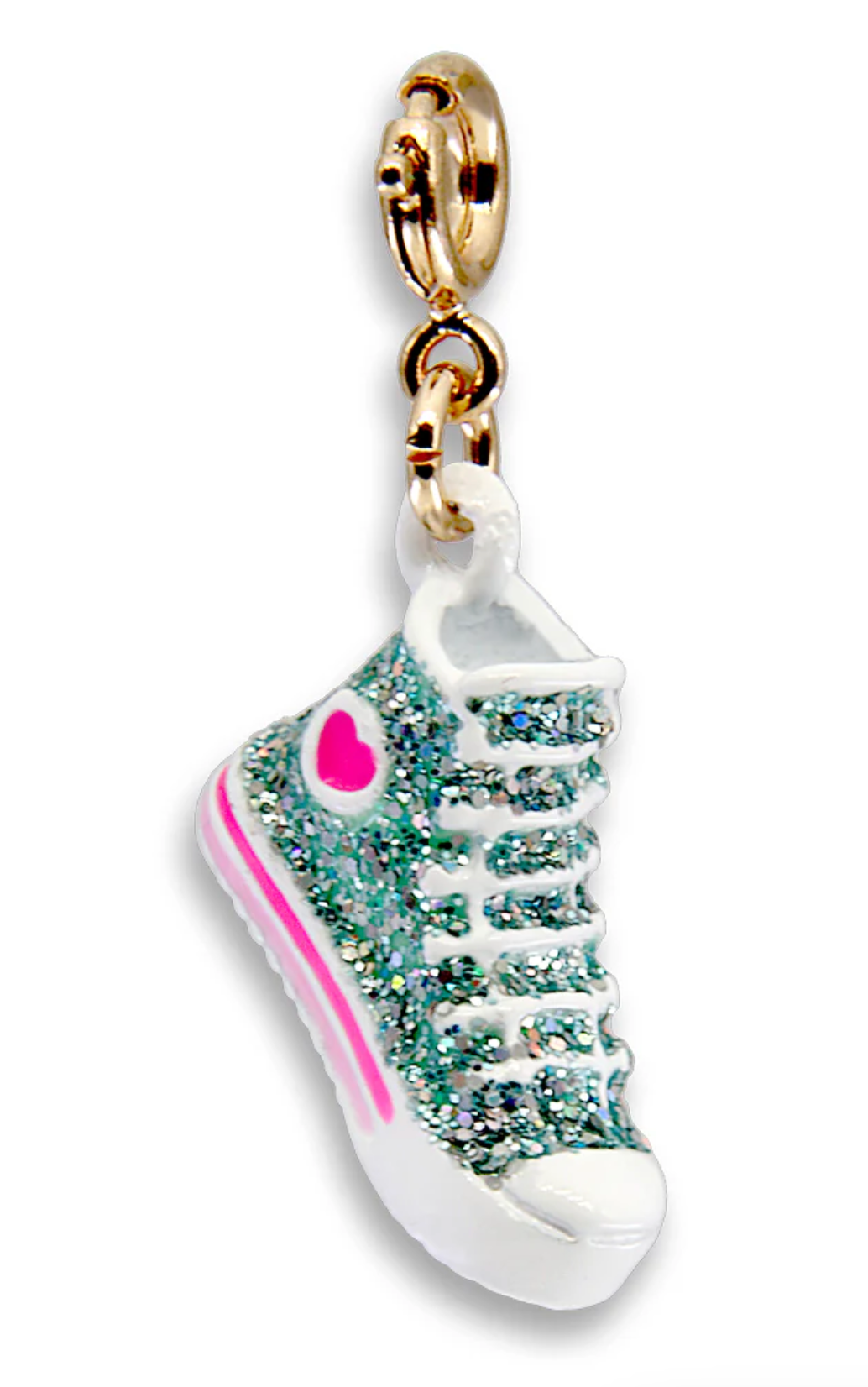 Gold Glitter High Top Sneaker Charm with sparkling teal glitter and white accents, perfect for kids aged 3 and up.