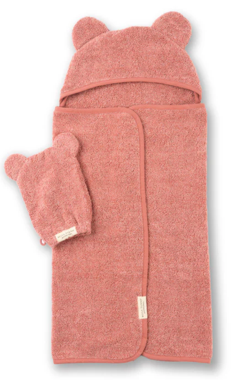 Hooded Towel + Wash Mitt Set | Watermelon in soft terry fabric with cute bear ears for baby bath time comfort.